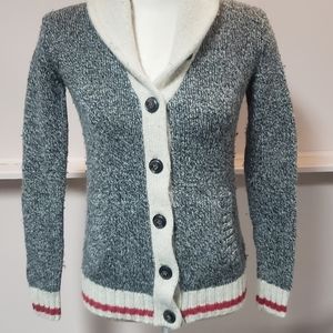 Roots cardigan, size small, gray, white and red